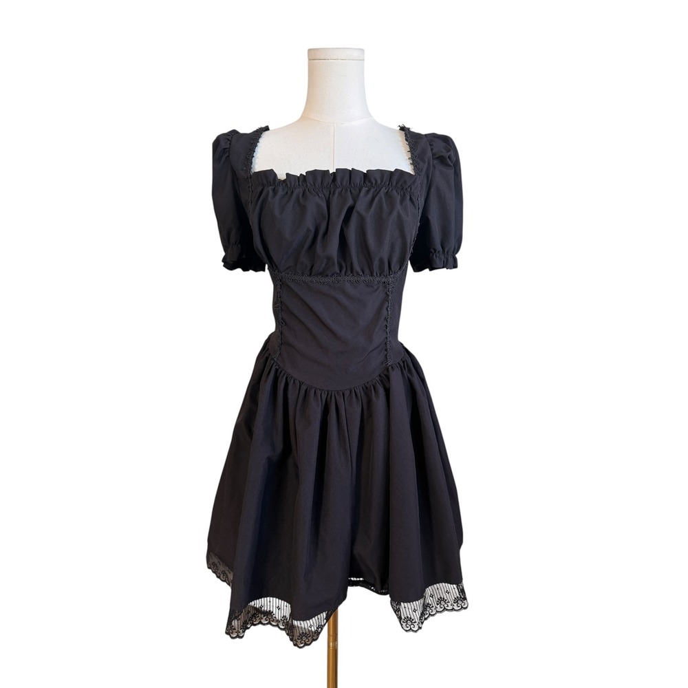 Black Cottagecore Milkmaid Mini Dress Lace Trim Smocked Back Large